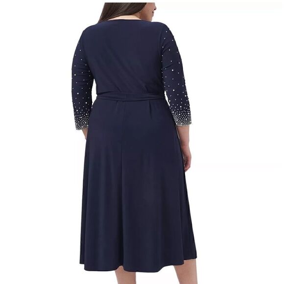 Woman PLUS MSK Navy Beaded Fit & Flare Stretch V-neck Dress midi dress 1X  New - Picture 9 of 11